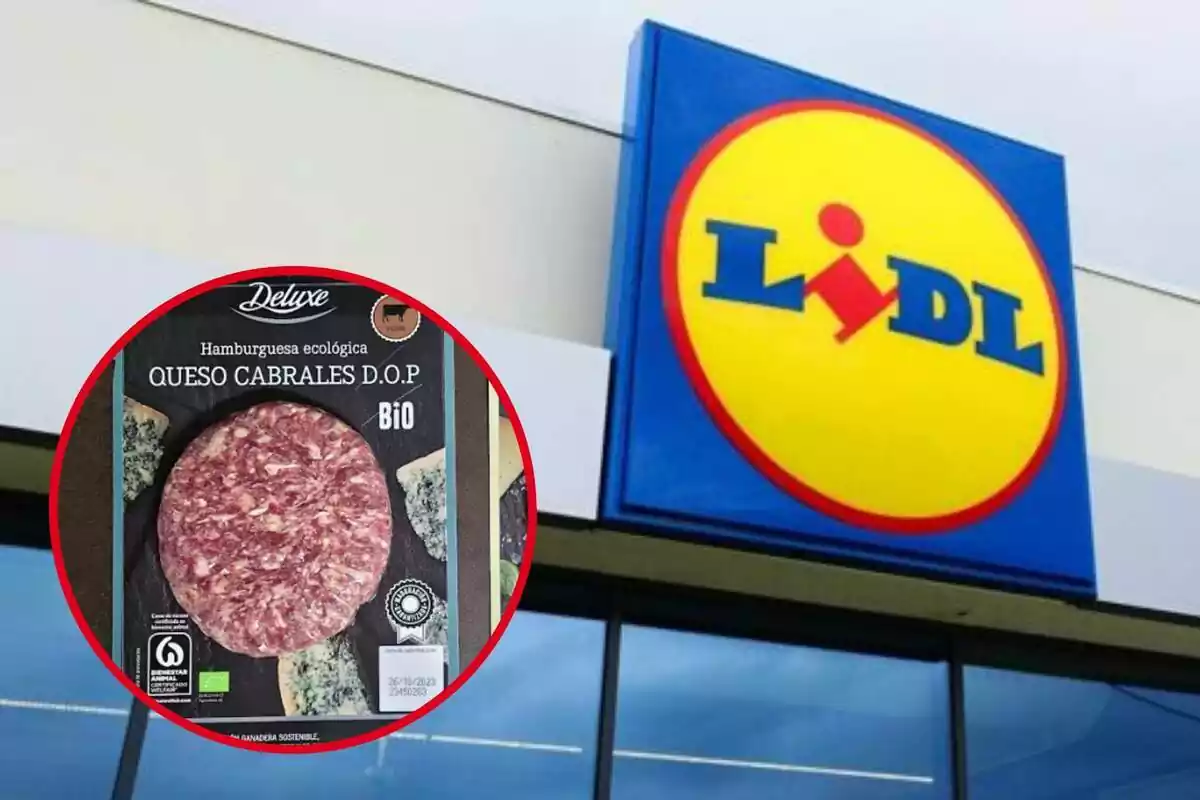 Montaje con el logo de Lidl y un círculo con la hamburguesa Deluxe con queso cabrales