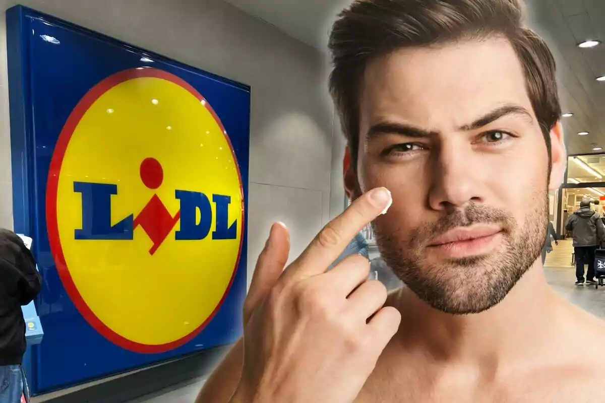 Hombre aplicando crema en su rostro frente a un cartel de Lidl.