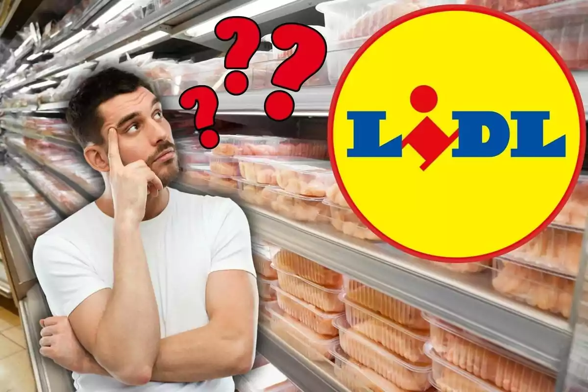 Hombre pensativo en un supermercado con el logo de Lidl y signos de interrogación.