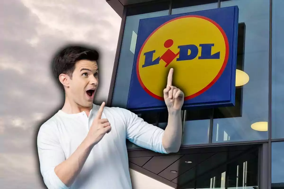 Hombre sorprendido señalando el logo de Lidl en la fachada de una tienda.