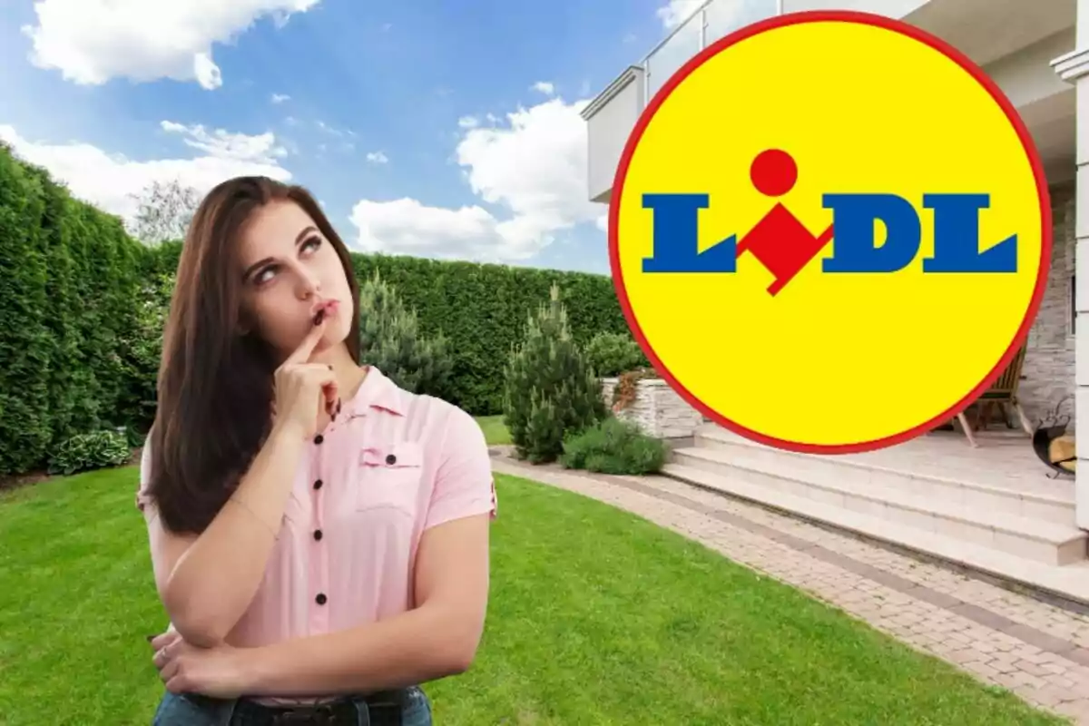 Una mujer pensativa en un jardín con el logo de Lidl al lado.