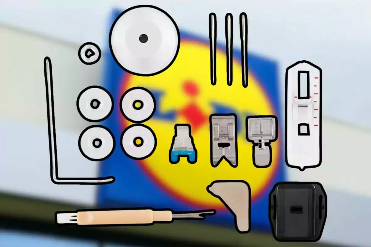 Un conjunto de accesorios de costura sobre un fondo con un logotipo borroso. Un conjunto de accesorios de costura sobre un fondo con un logotipo borroso.