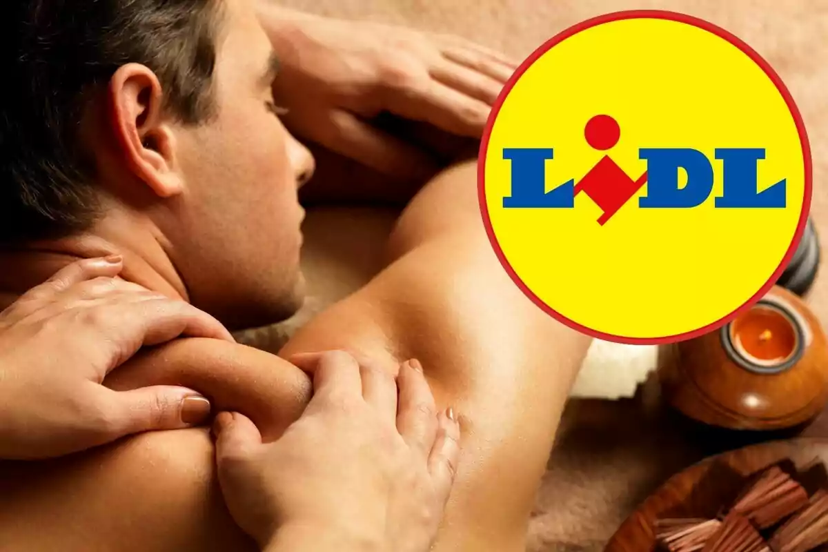 Hombre recibiendo un masaje con el logotipo de Lidl superpuesto.