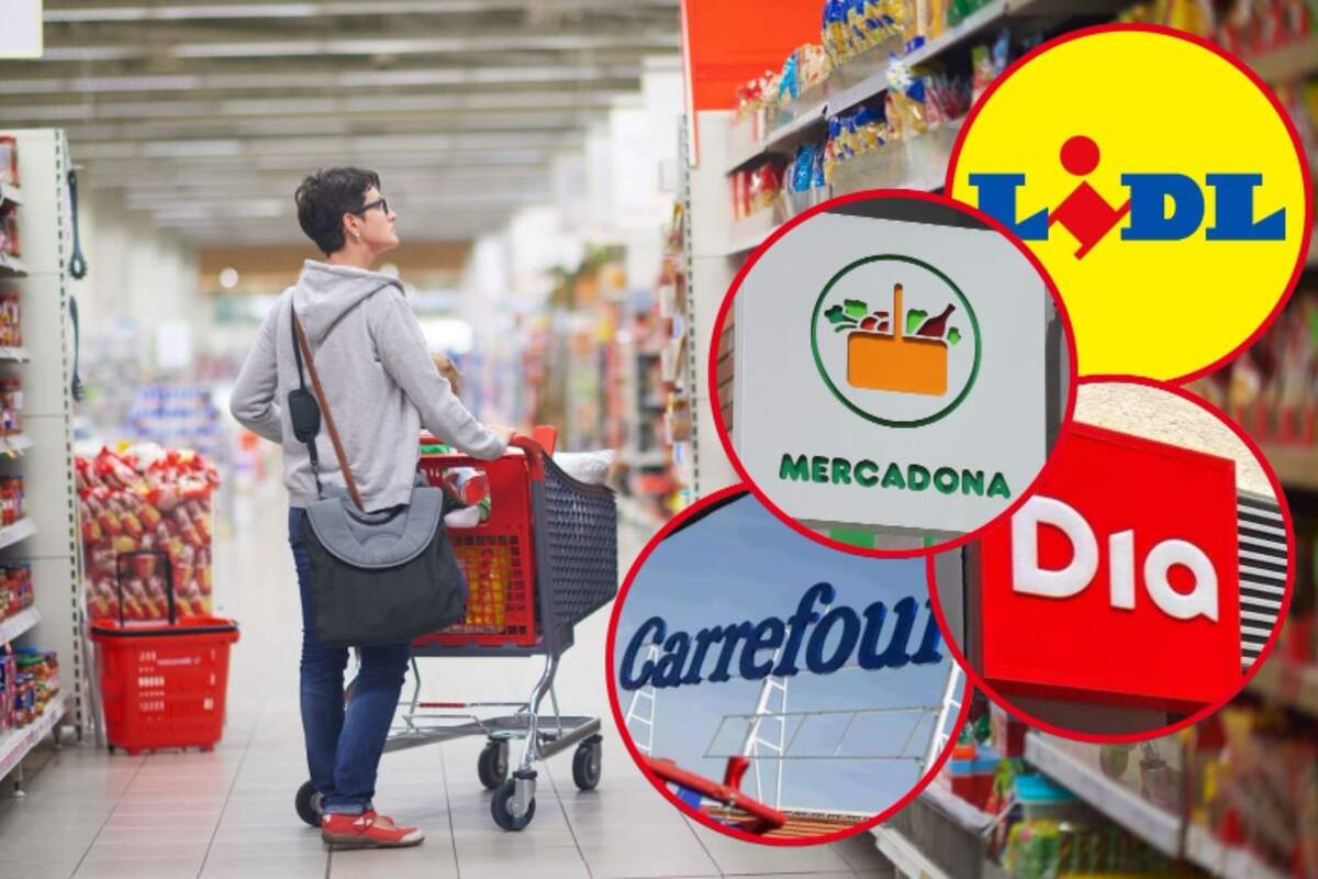 Mujer comprando en el supermercados y logos de Lidl, Mercadona, Carrefour y Dia