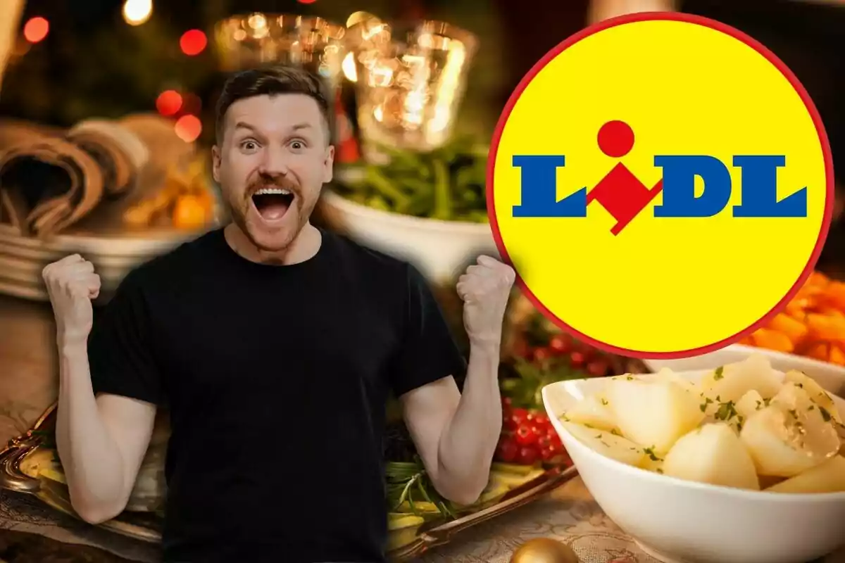 Un hombre emocionado con un fondo de comida festiva y el logo de Lidl.