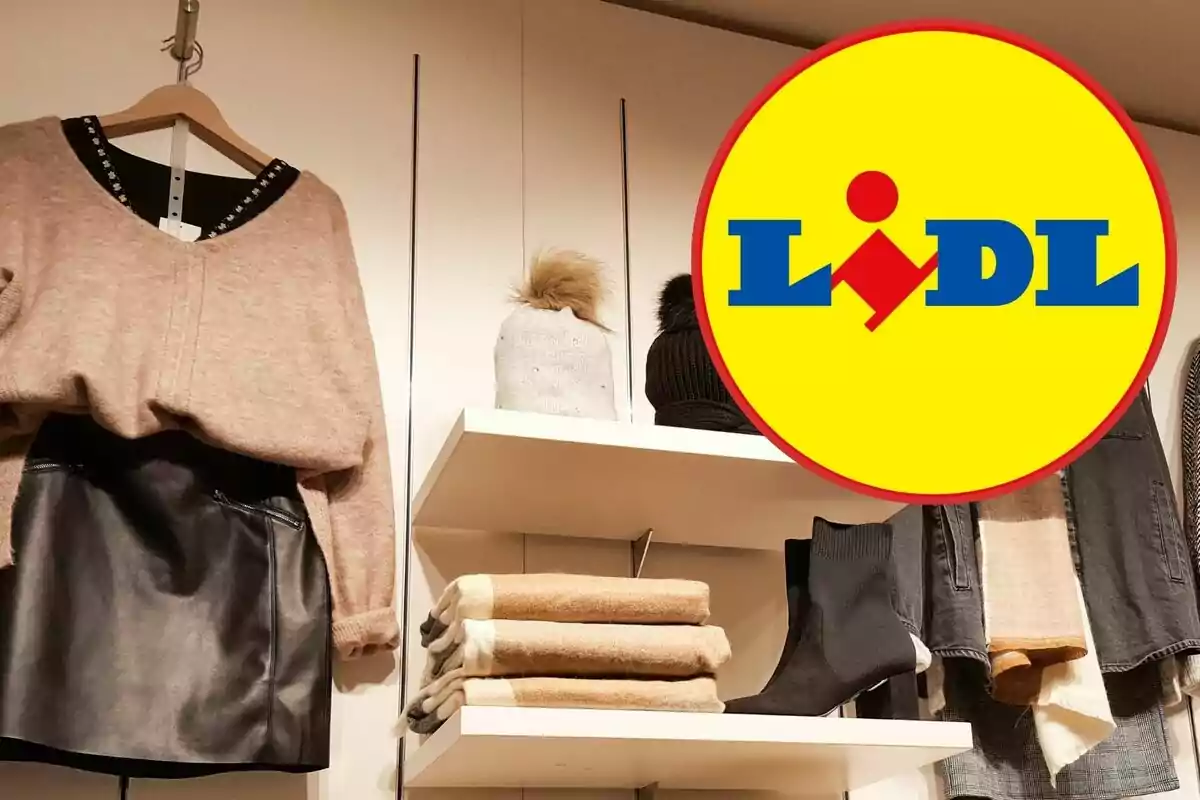 Ropa y accesorios de moda en exhibición junto al logo de Lidl.