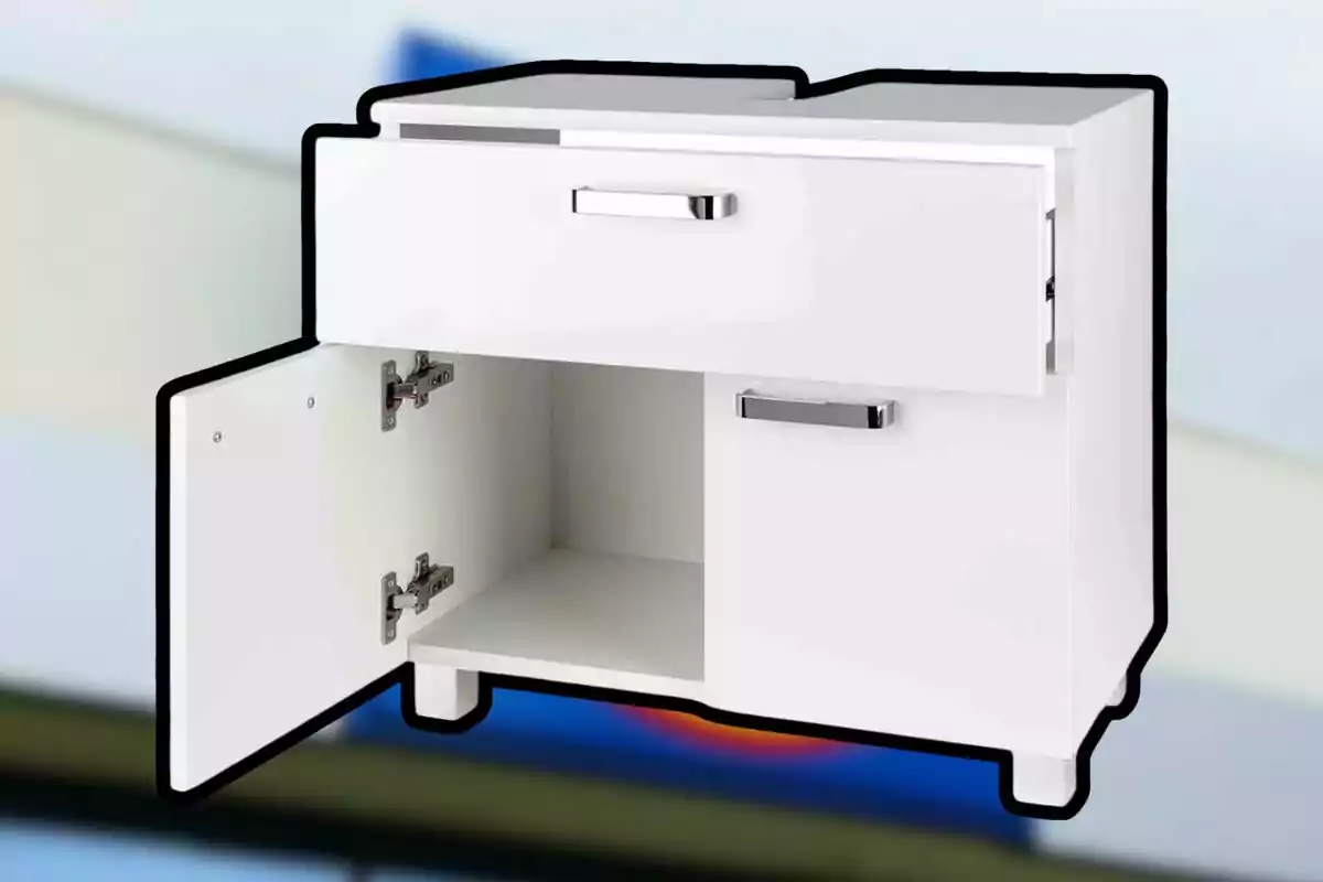 Un mueble blanco con un cajón superior y una puerta abierta que revela un espacio de almacenamiento interior. Un mueble blanco con un cajón superior y una puerta abierta que revela un espacio de almacenamiento interior.
