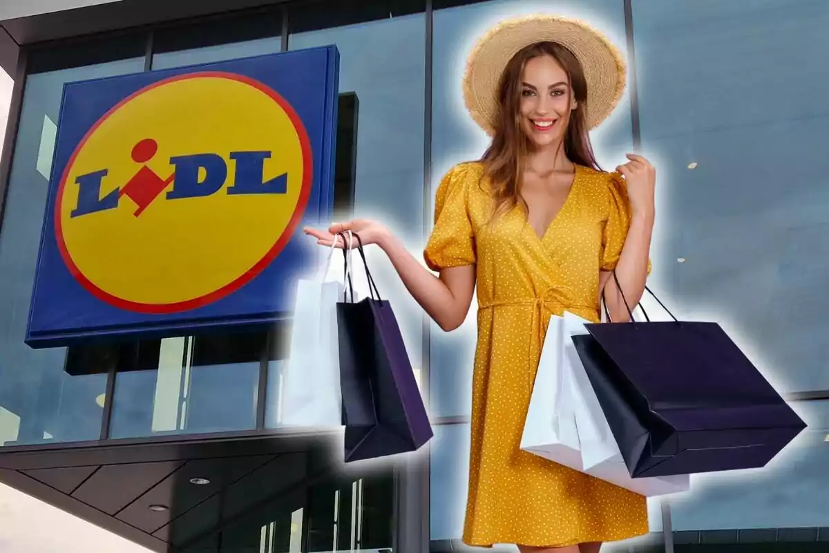 Una mujer con sombrero y vestido amarillo sostiene varias bolsas de compras frente a una tienda Lidl.