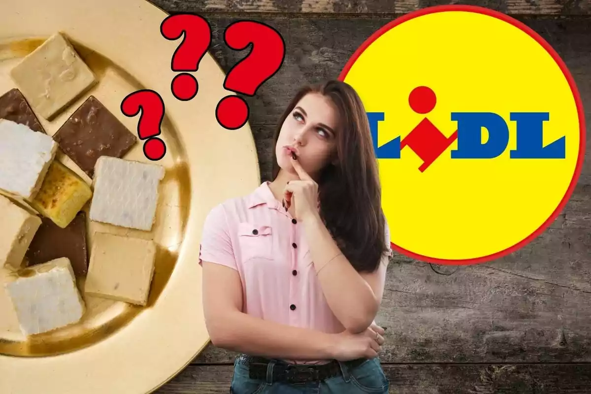 Una mujer pensativa mira un plato con dulces y el logo de Lidl al fondo, rodeada de signos de interrogación.