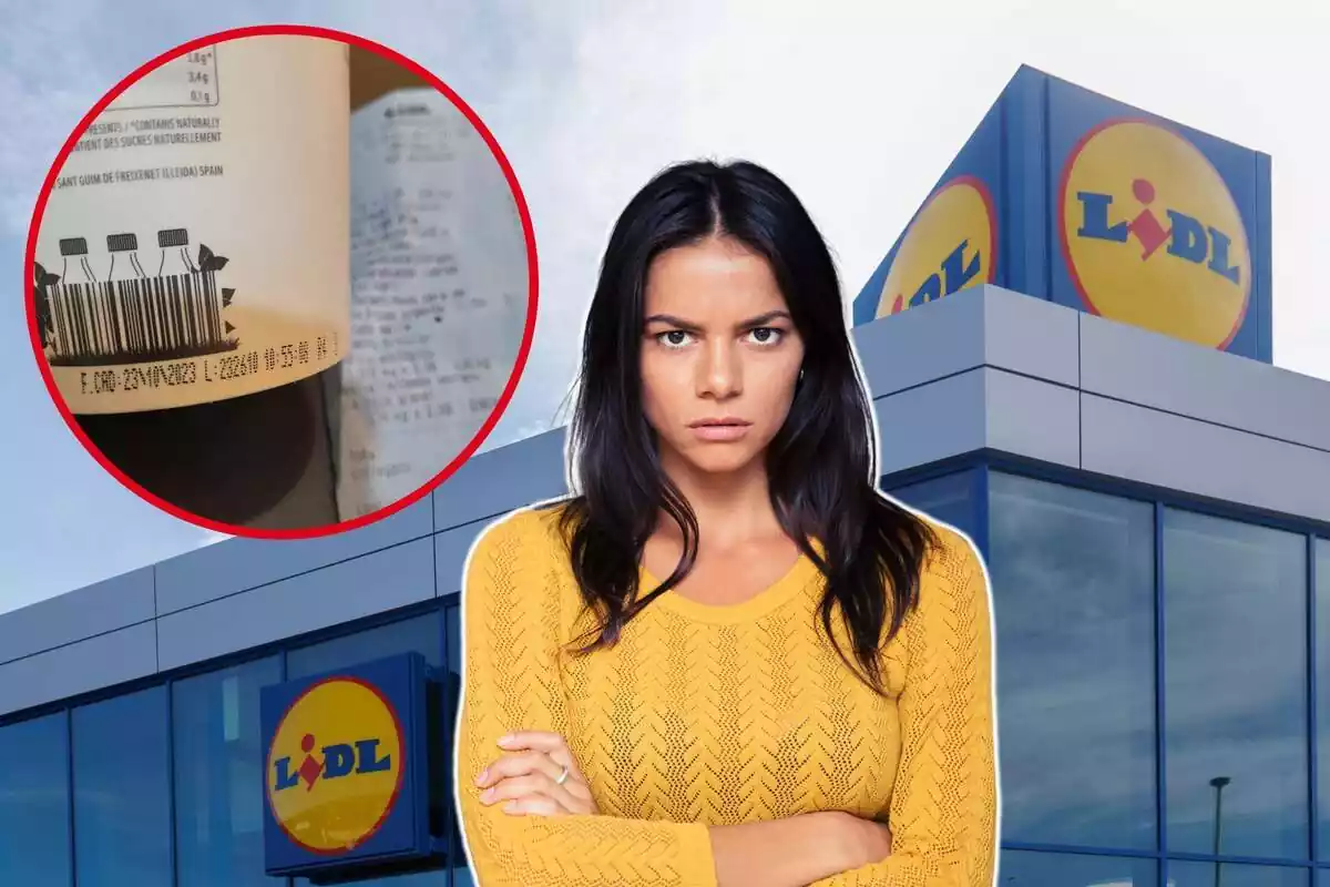 Montaje con una imagen de fondo de Lidl y en primer plano una mujer enfadada y una imagen de un bote de yogur mostrando la fecha de caducidad y al lado un ticket