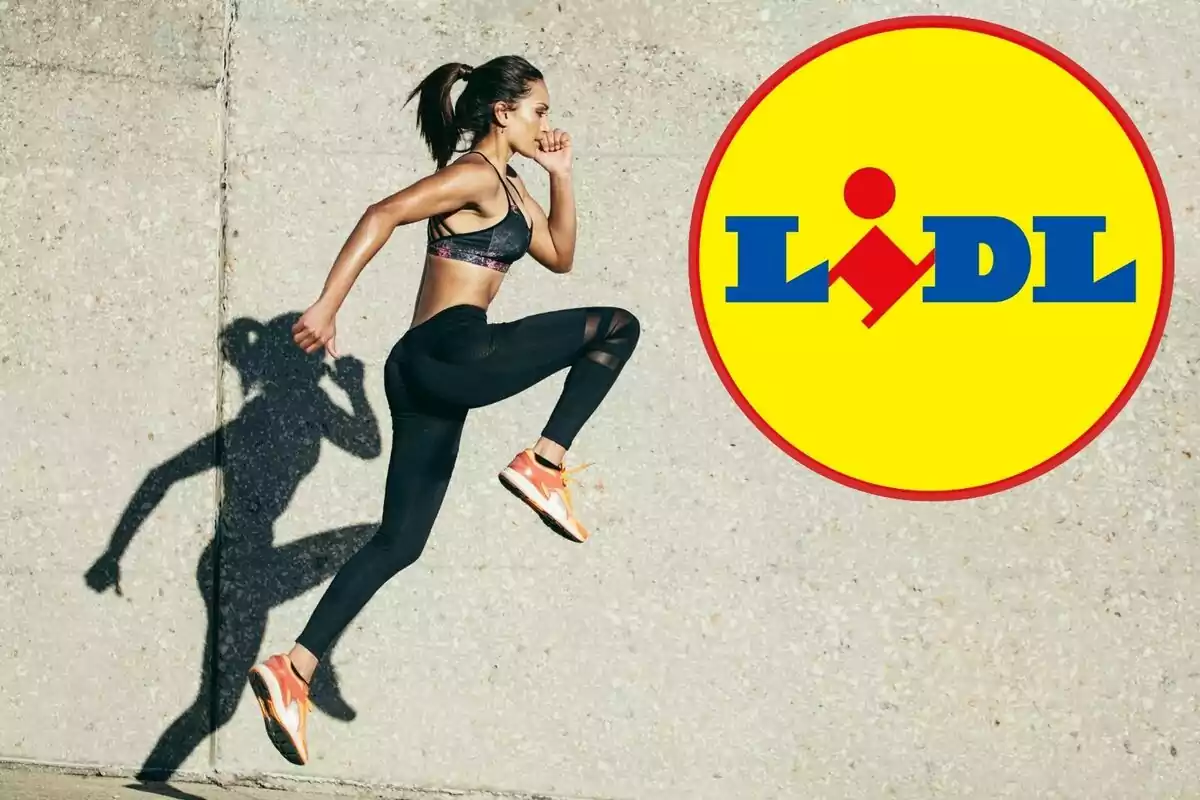 Una mujer en ropa deportiva saltando frente a una pared de concreto con el logo de Lidl a la derecha.