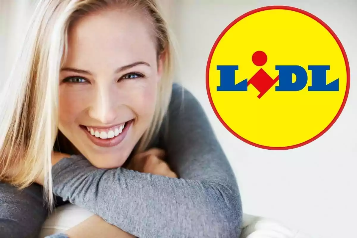 Mujer sonriendo con el logo de Lidl al lado.