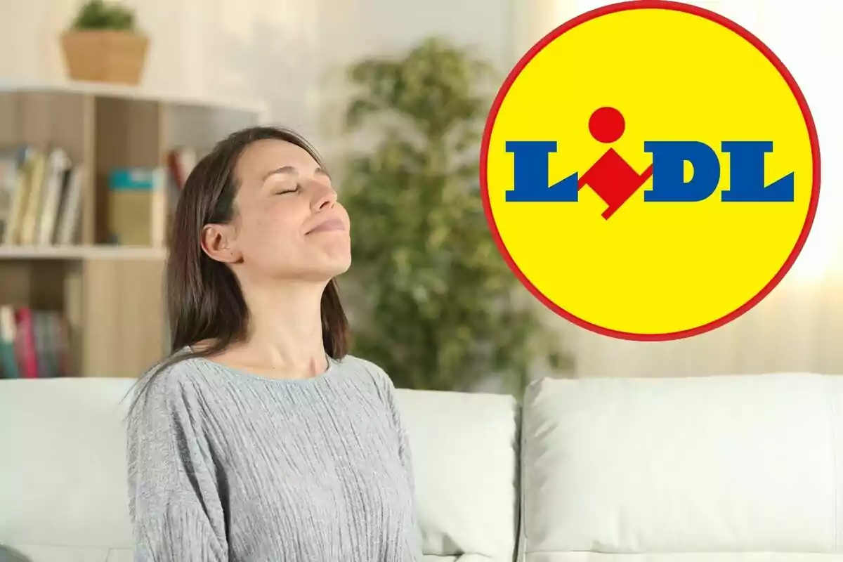 Mujer sentada en un sofá con los ojos cerrados y expresión de relajación, con el logotipo de Lidl en la esquina superior derecha.