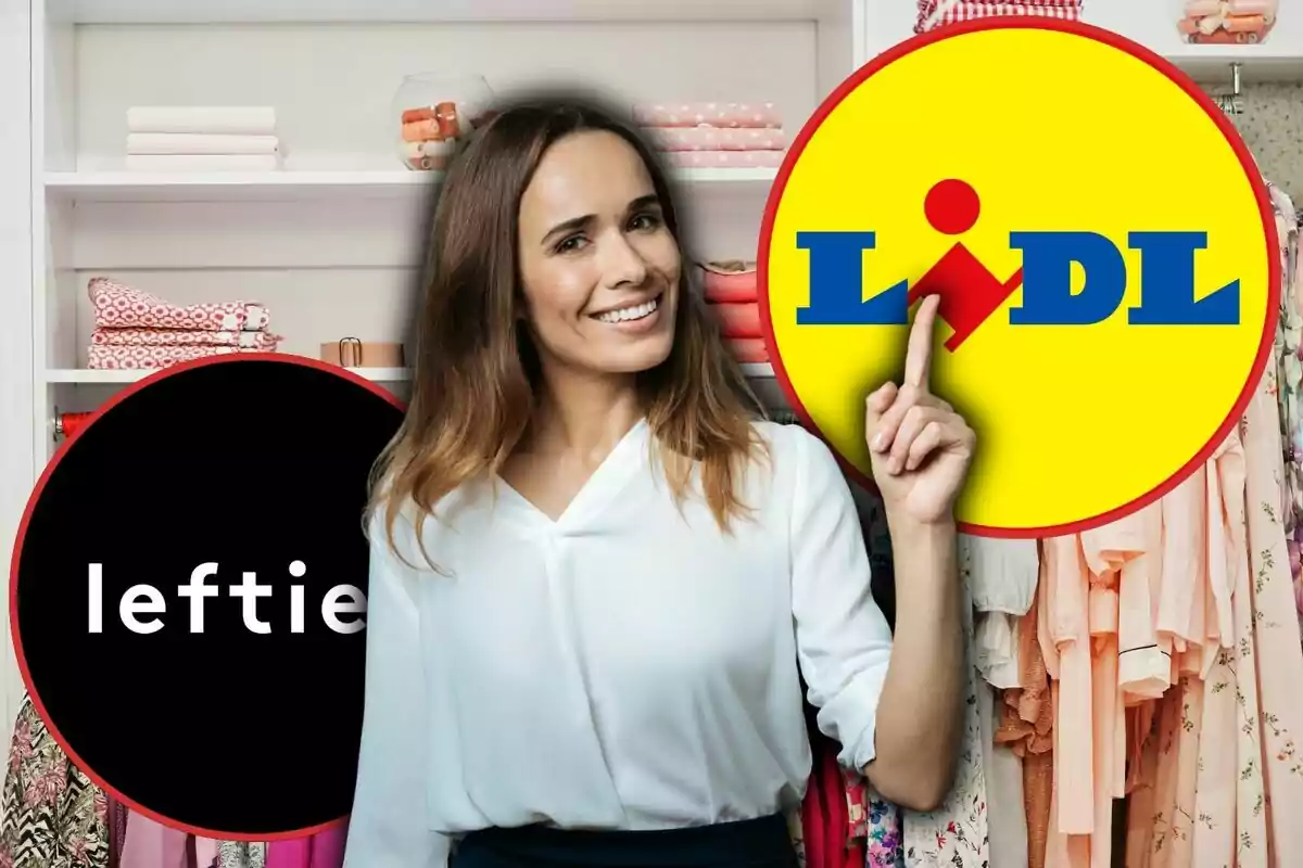 Mujer sonriente en un vestidor con logos de Lefties y Lidl a los lados