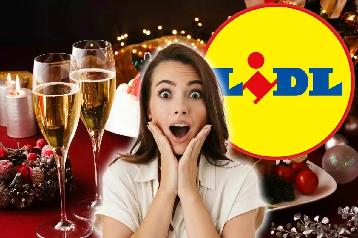 Mujer sorprendida frente a una mesa decorada con copas de champán y adornos navideños, con el logo de Lidl al fondo.