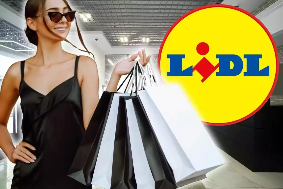 Mujer con gafas de sol sosteniendo bolsas de compras en un entorno moderno con el logo de Lidl al fondo.