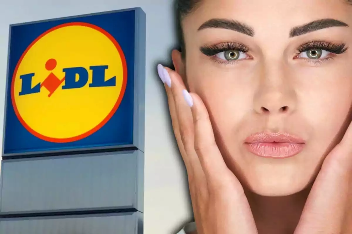 Cartel de la tienda Lidl junto al rostro de una mujer con maquillaje y las manos en la cara