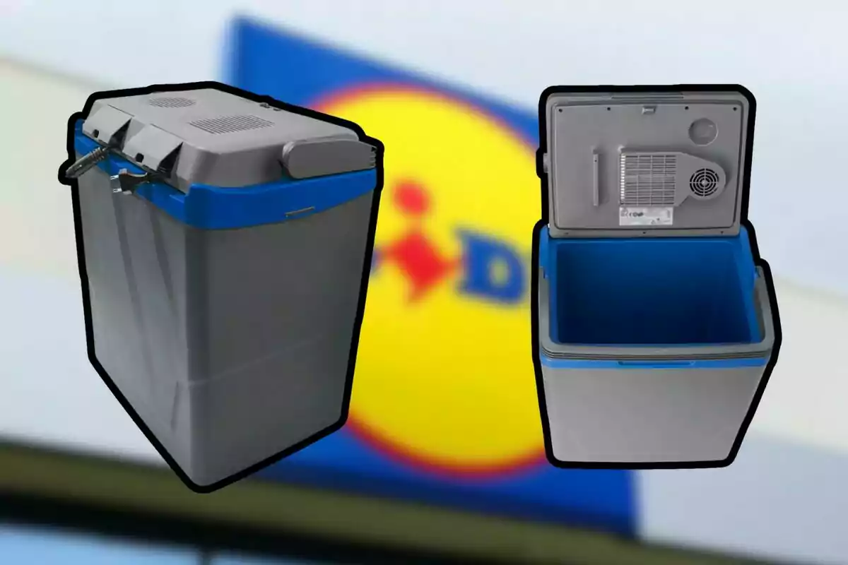 Una nevera portátil gris y azul con tapa abierta y cerrada, con un fondo desenfocado de un logotipo. Una nevera portátil gris y azul con tapa abierta y cerrada, con un fondo desenfocado de un logotipo.