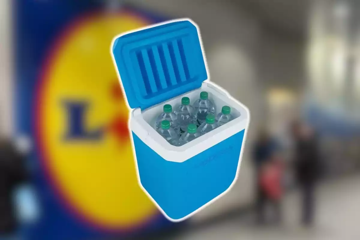 Montaje con el logo de Lidl de fondo y una nevera portátil de color azul que venden en la misma cadena Montaje con el logo de Lidl de fondo y una nevera portátil de color azul que venden en la misma cadena