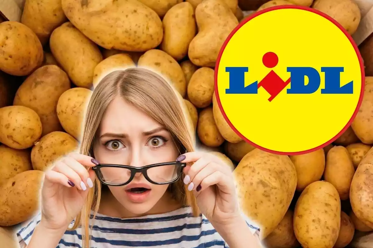 Una mujer con expresión de sorpresa sostiene sus gafas frente a un fondo de papas y el logotipo de Lidl.