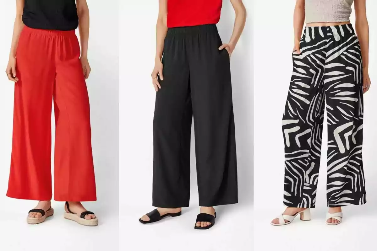 Tres mujeres modelan pantalones anchos de diferentes estilos: uno rojo, uno negro y otro con estampado blanco y negro, cada una con un top diferente y sandalias. Tres mujeres modelan pantalones anchos de diferentes estilos: uno rojo, uno negro y otro con estampado blanco y negro, cada una con un top diferente y sandalias.