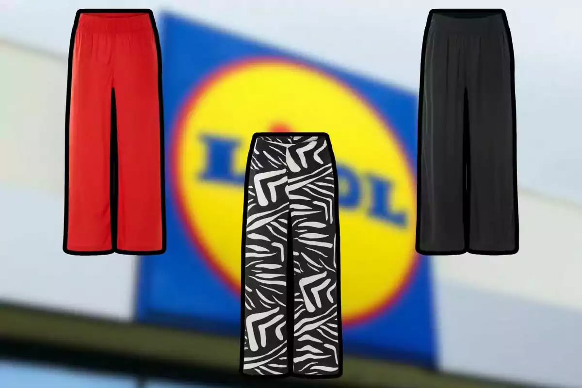 Tres pantalones de diferentes estilos y colores se muestran frente a un fondo con un logotipo borroso. Tres pantalones de diferentes estilos y colores se muestran frente a un fondo con un logotipo borroso.