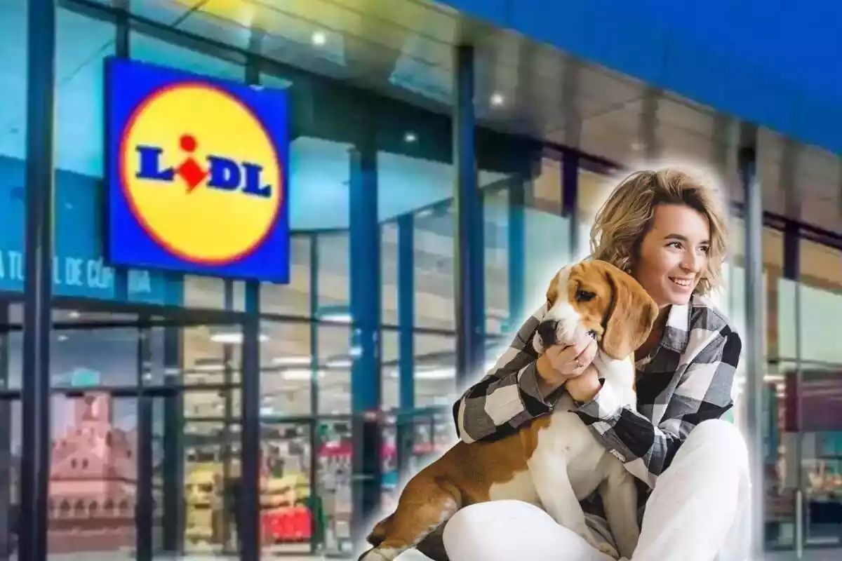 Chica con una mascota y un supermercado de Lidl