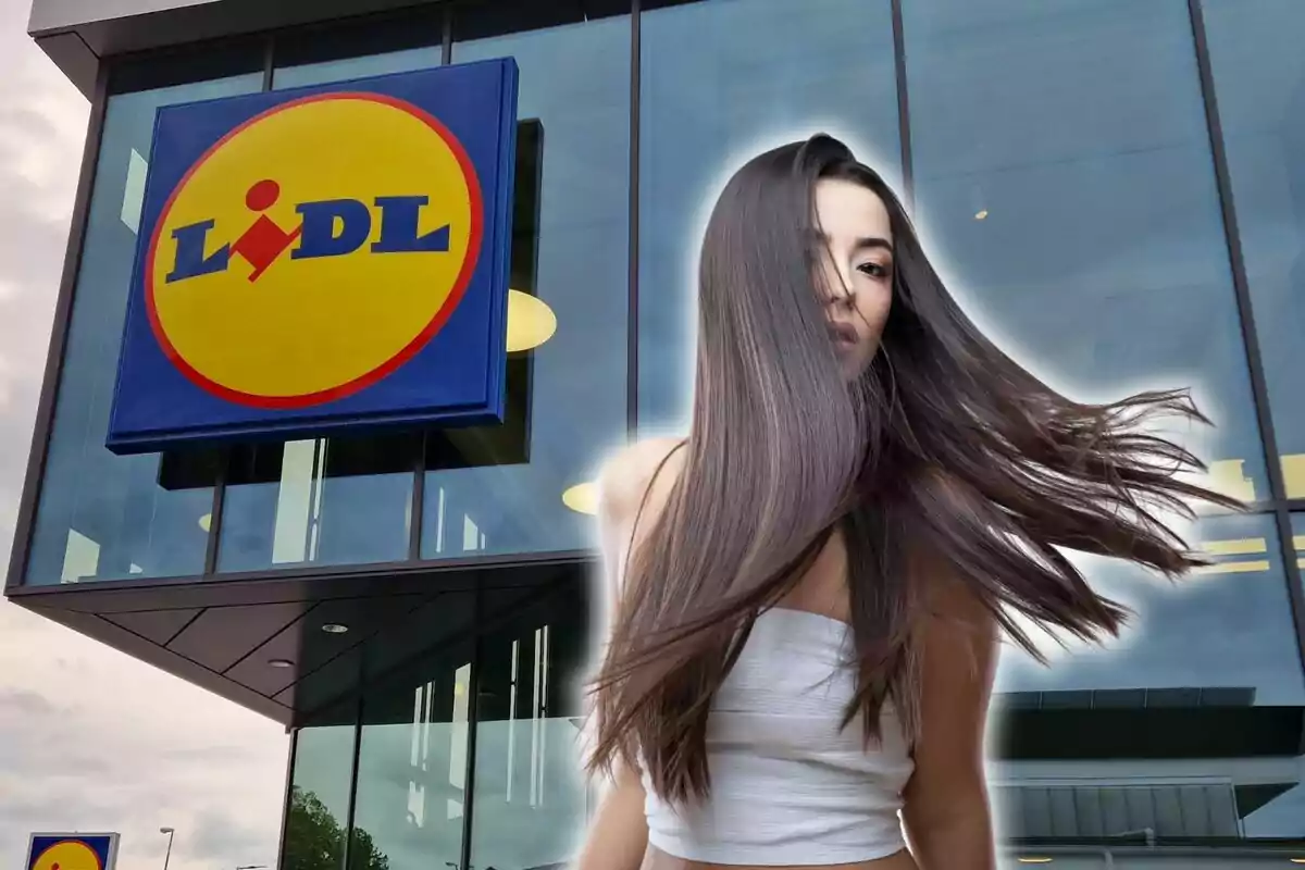 Una mujer con cabello largo y lacio frente a una tienda Lidl.