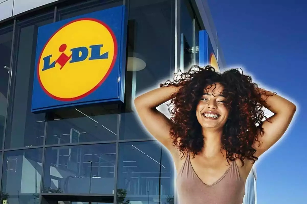 Una mujer sonriente frente a una tienda Lidl.