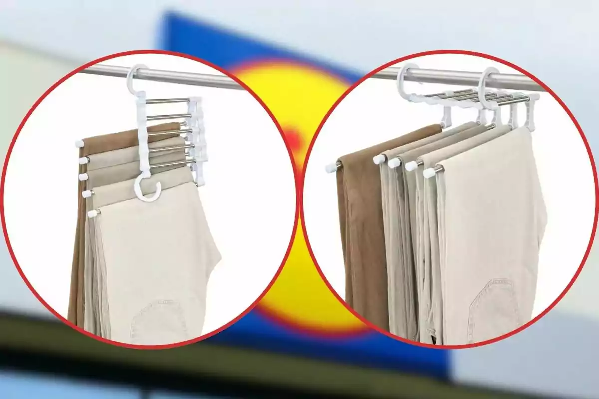 Perchero múltiple para pantalones en dos configuraciones diferentes, mostrando su capacidad para ahorrar espacio en el armario. Perchero múltiple para pantalones en dos configuraciones diferentes, mostrando su capacidad para ahorrar espacio en el armario.