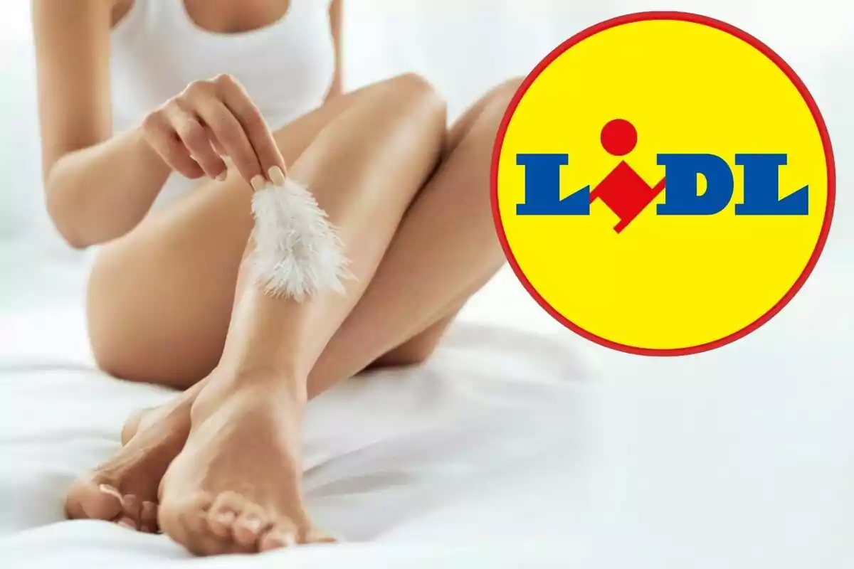 Persona acariciando su pierna con una pluma blanca junto al logotipo de Lidl.