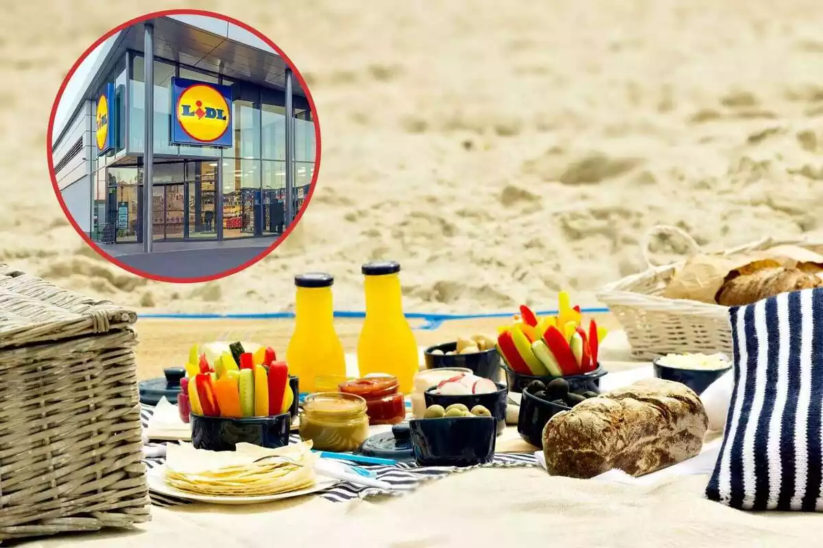 Un picnic en la arena de una playa con comida y bebida y una imagen de una tienda Lidl