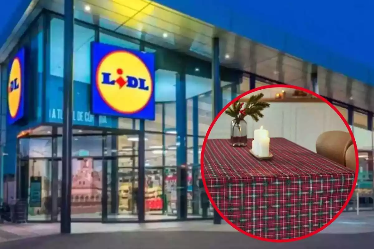 Establecimiento de Lidl con una foto destacada a la derecha de un mantel navideño