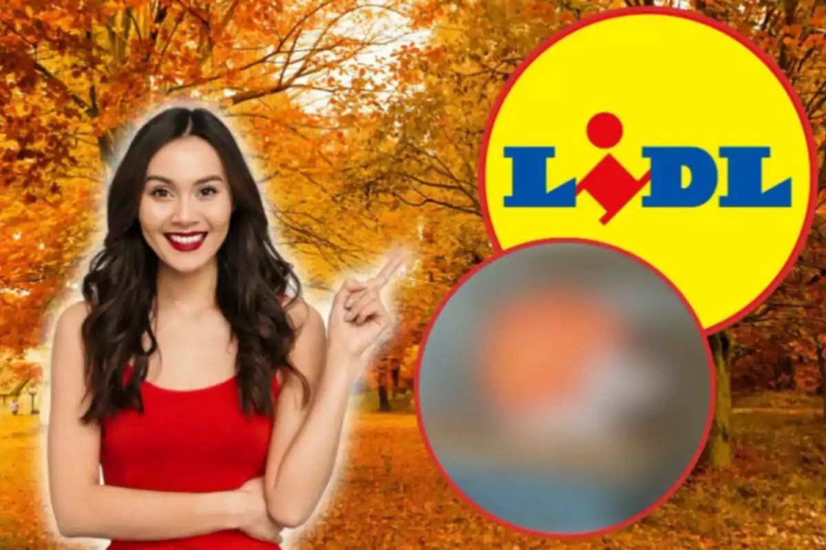 Una mujer sonriente con un vestido rojo señala hacia el logotipo de Lidl en un fondo otoñal con árboles de hojas naranjas.