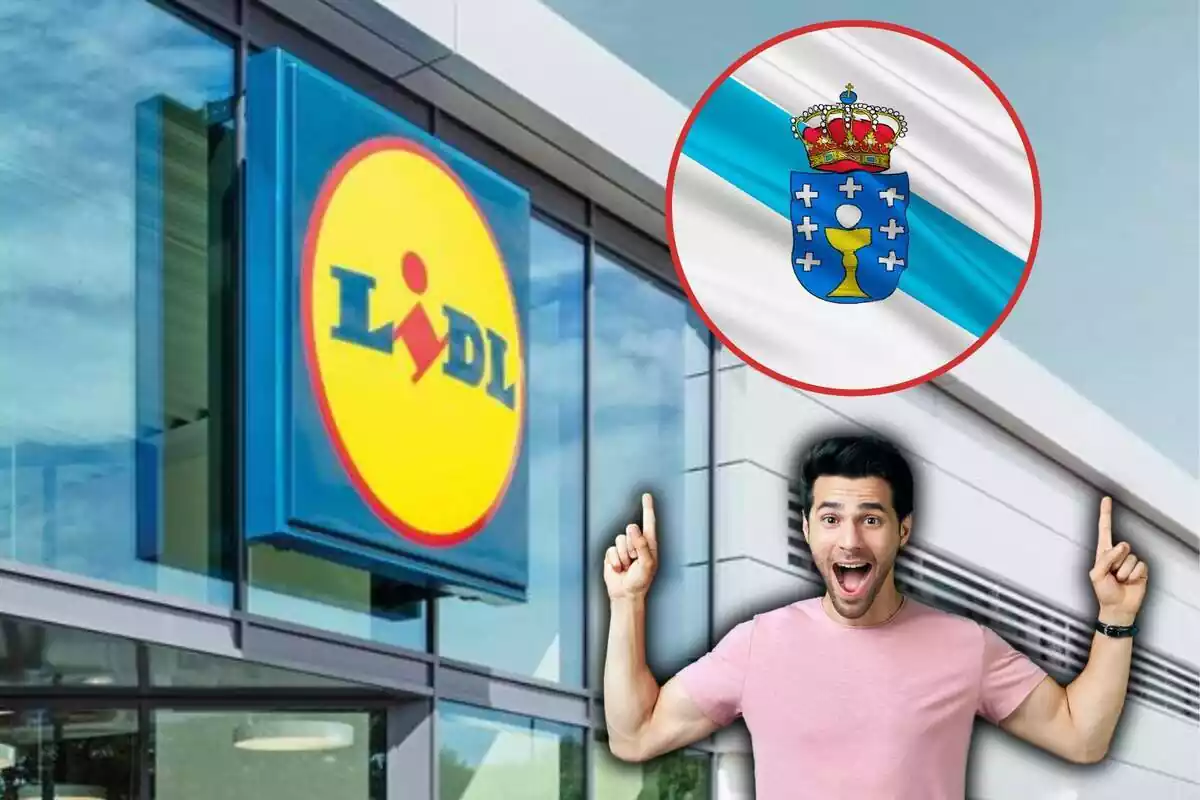 Supermercado Lidl y una persona señalando la bandera de Galicia