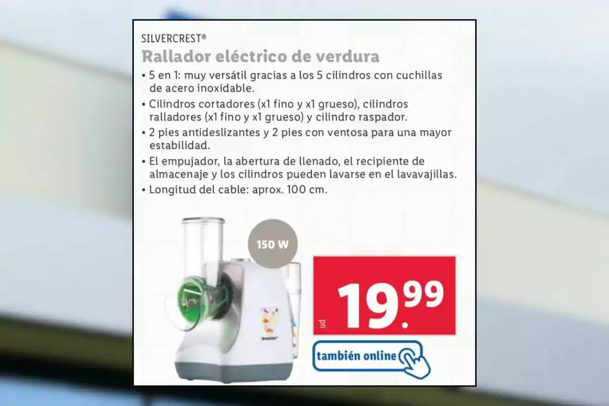Rallador eléctrico de verdura Silvercrest con cinco cilindros intercambiables, potencia de 150 W, precio de 19.99 euros y opción de compra online Rallador eléctrico de verdura Silvercrest con cinco cilindros intercambiables, potencia de 150 W, precio de 19.99 euros y opción de compra online