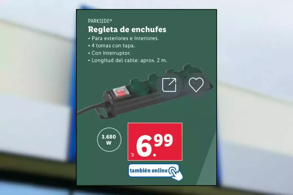 Imagen de una regleta de enchufes Parkside para exteriores e interiores con 4 tomas con tapa, interruptor y cable de 2 metros, potencia de 3.680 W y precio de 6.99 euros, disponible también online. Imagen de una regleta de enchufes Parkside para exteriores e interiores con 4 tomas con tapa, interruptor y cable de 2 metros, potencia de 3.680 W y precio de 6.99 euros, disponible también online.