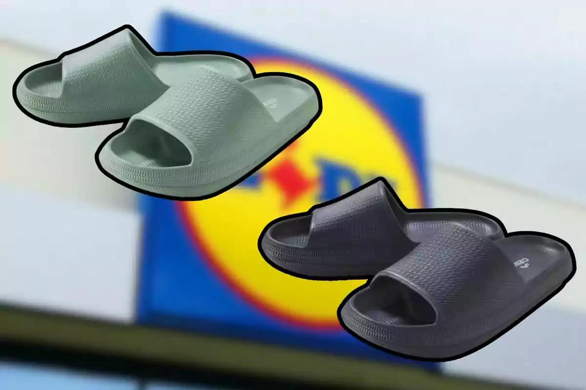 Dos pares de sandalias de goma en colores verde y negro flotan frente a un fondo desenfocado con un logotipo. Dos pares de sandalias de goma en colores verde y negro flotan frente a un fondo desenfocado con un logotipo.