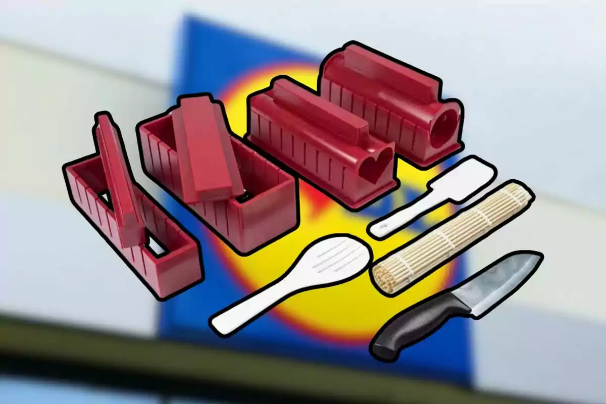 Kit de herramientas para hacer sushi, incluyendo moldes de plástico rojo, una espátula blanca, una cuchara blanca, una esterilla de bambú y un cuchillo. Kit de herramientas para hacer sushi, incluyendo moldes de plástico rojo, una espátula blanca, una cuchara blanca, una esterilla de bambú y un cuchillo.