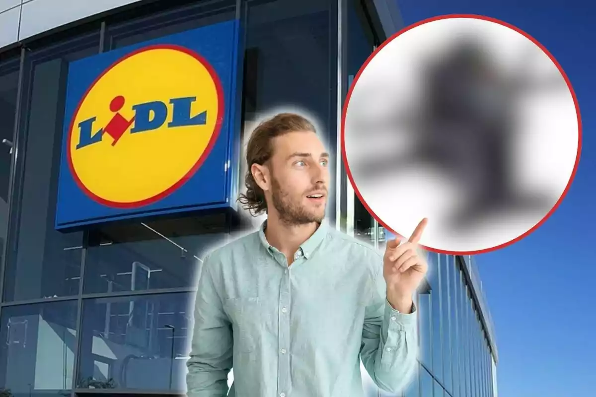 Un hombre con camisa verde claro señala hacia un círculo borroso, con el logo de Lidl en el fondo.