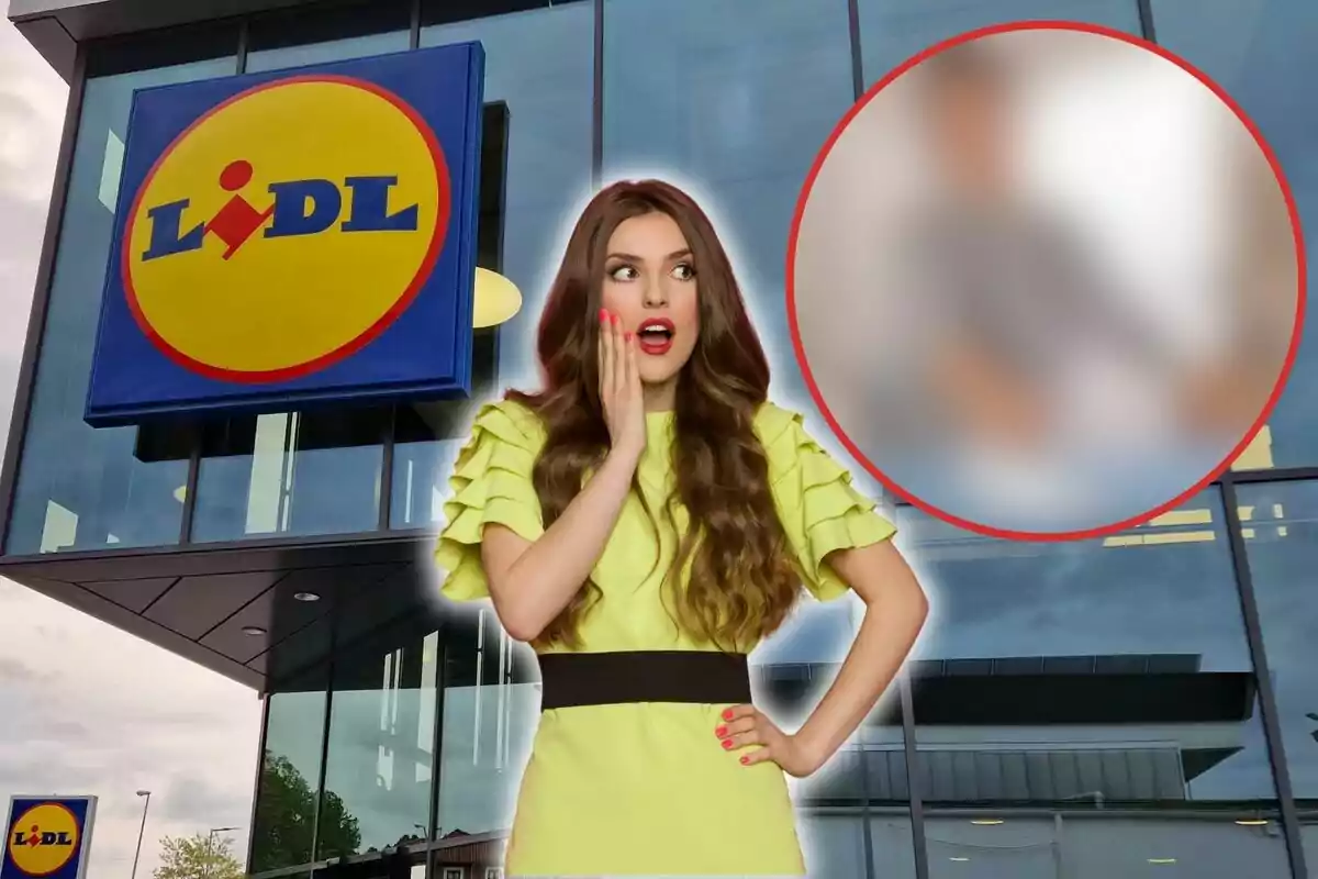 Una mujer con expresión de sorpresa frente a una tienda Lidl, con una imagen borrosa en un círculo rojo a su derecha.