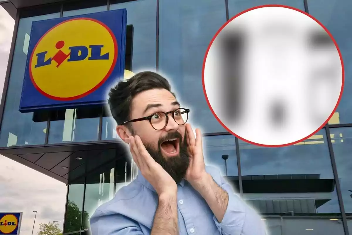 Un hombre con gafas y barba parece sorprendido frente a una tienda Lidl, con un círculo borroso en la esquina superior derecha.