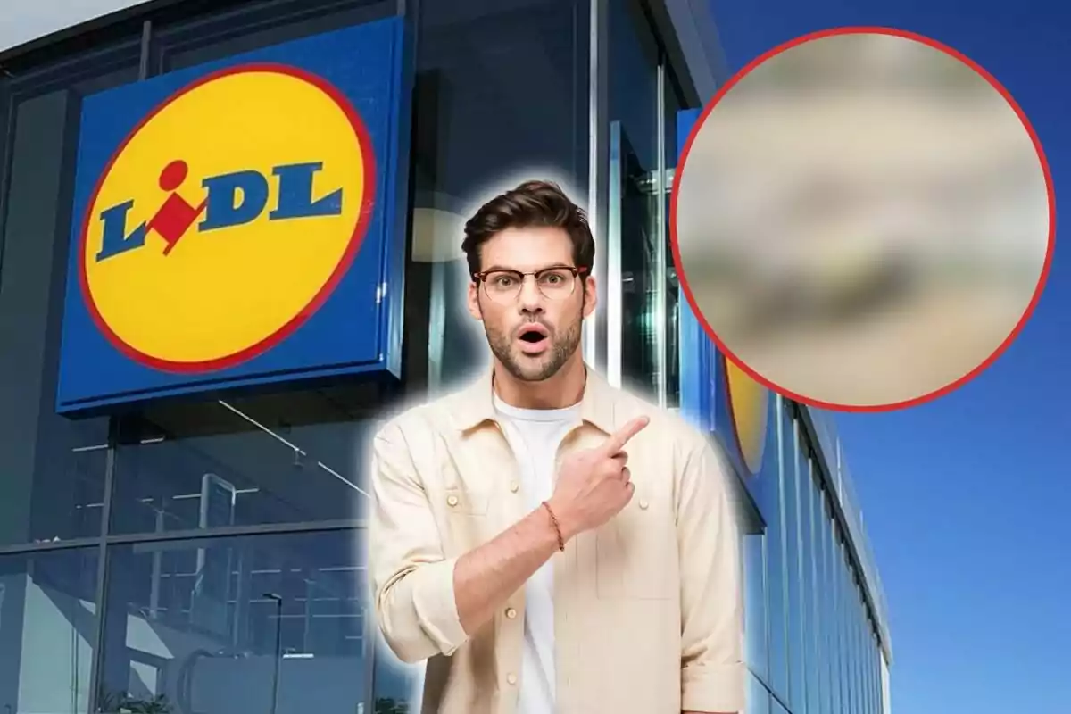 Un hombre con expresión de sorpresa y señalando con el dedo, frente a una tienda Lidl con el logotipo visible.