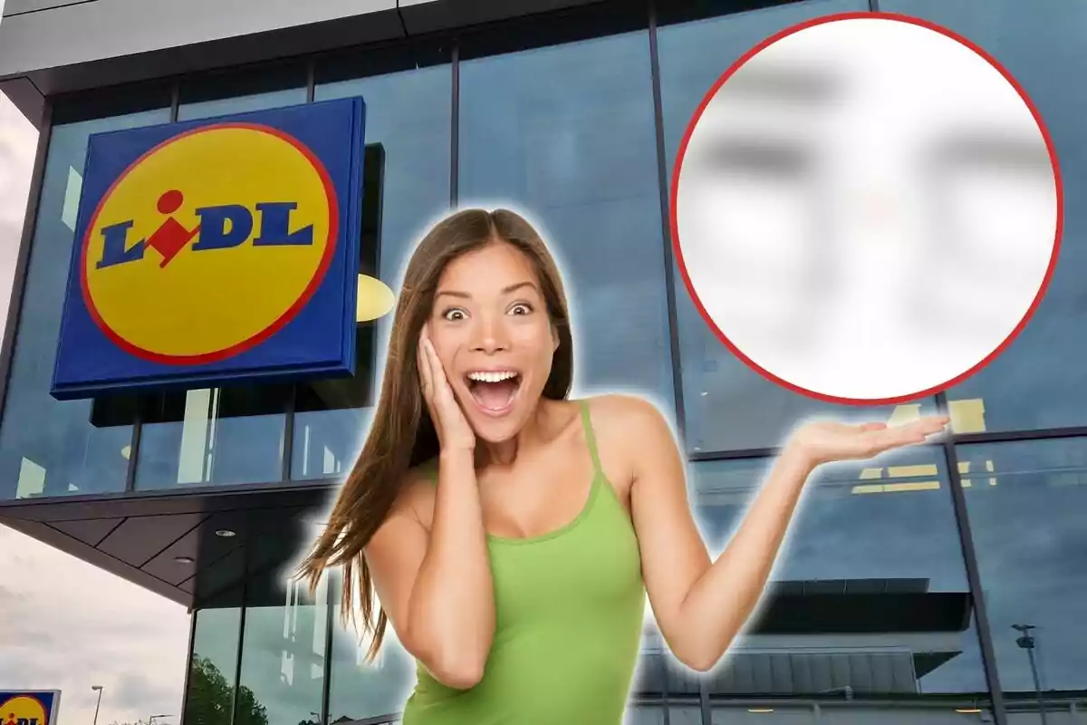 Una mujer sonriente con una camiseta verde frente a una tienda Lidl.