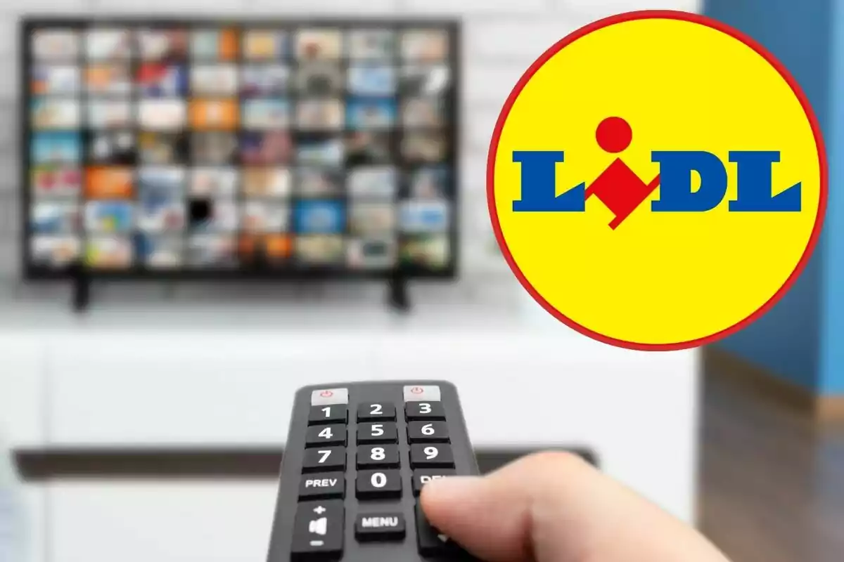 Control remoto apuntando a una televisión con el logo de Lidl en la esquina derecha.