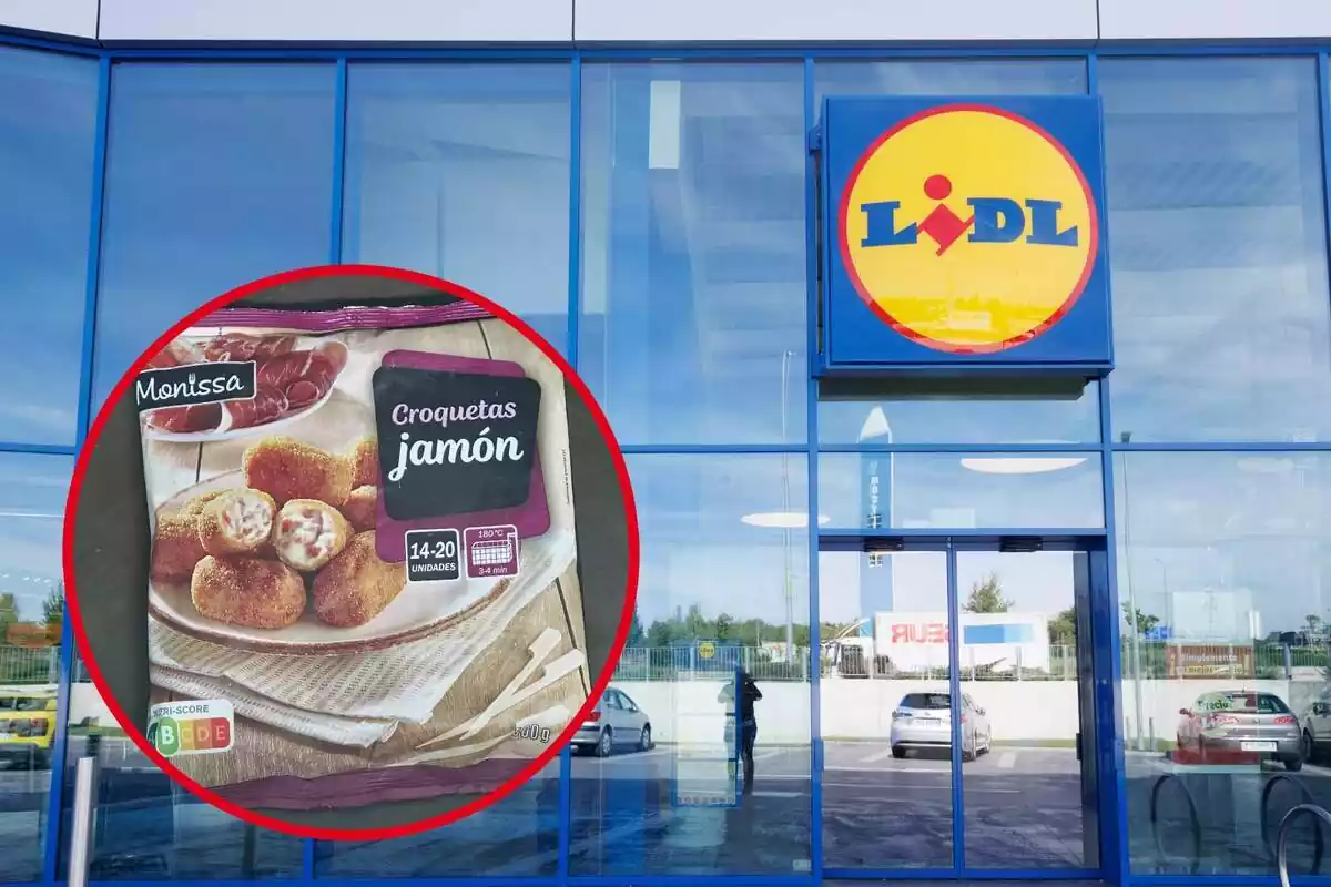 Montaje con una imagen de fondo de una tienda Lidl y unas croquetas de jamón Monissa