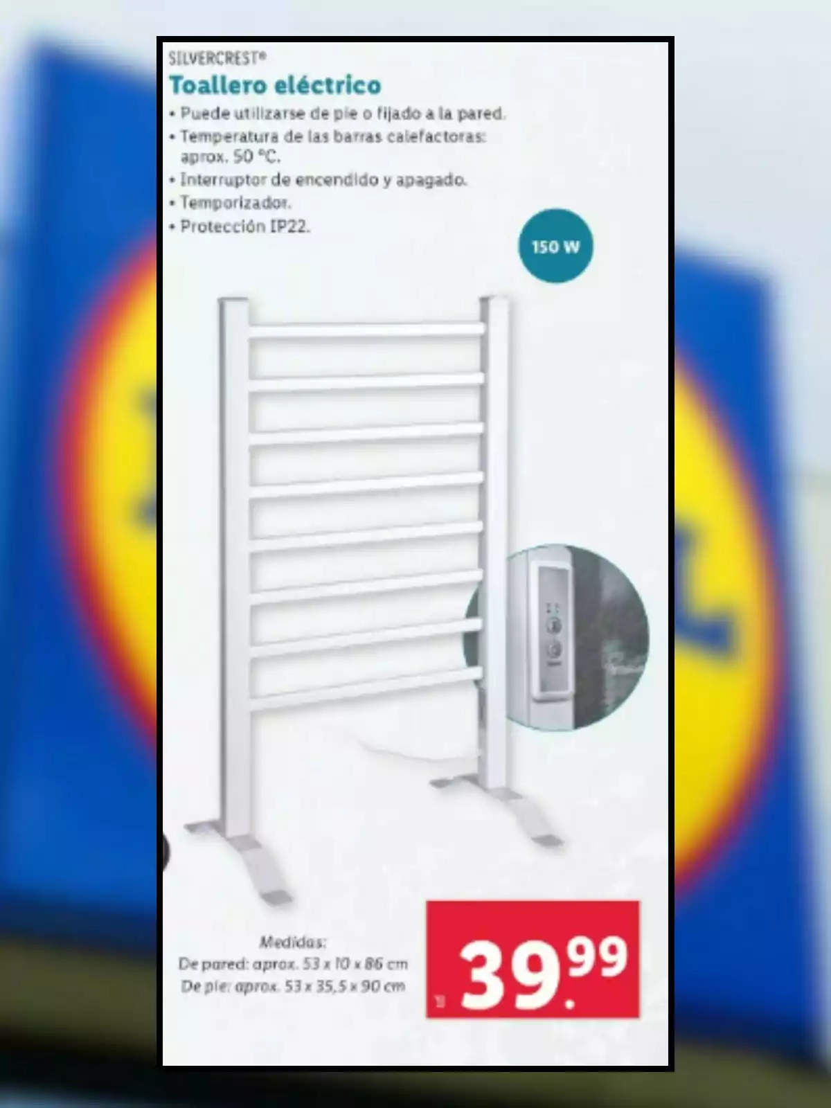 Toallero eléctrico Silvercrest con opción de uso de pie o fijado a la pared, temperatura de las barras calefactoras de aproximadamente 50 °C, interruptor de encendido y apagado, temporizador, protección IP22, potencia de 150 W, medidas de pared de aproximadamente 53 x 10 x 86 cm y de pie de aproximadamente 53 x 35,5 x 90 cm, precio de 39,99. Toallero eléctrico Silvercrest con opción de uso de pie o fijado a la pared, temperatura de las barras calefactoras de aproximadamente 50 °C, interruptor de encendido y apagado, temporizador, protección IP22, potencia de 150 W, medidas de pared de aproximadamente 53 x 10 x 86 cm y de pie de aproximadamente 53 x 35,5 x 90 cm, precio de 39,99.