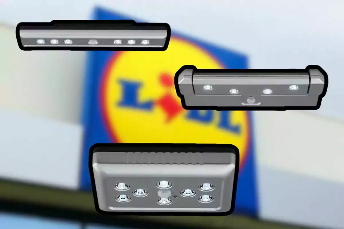 Tres lámparas LED flotan frente a un cartel borroso de la tienda Lidl Tres lámparas LED flotan frente a un cartel borroso de la tienda Lidl