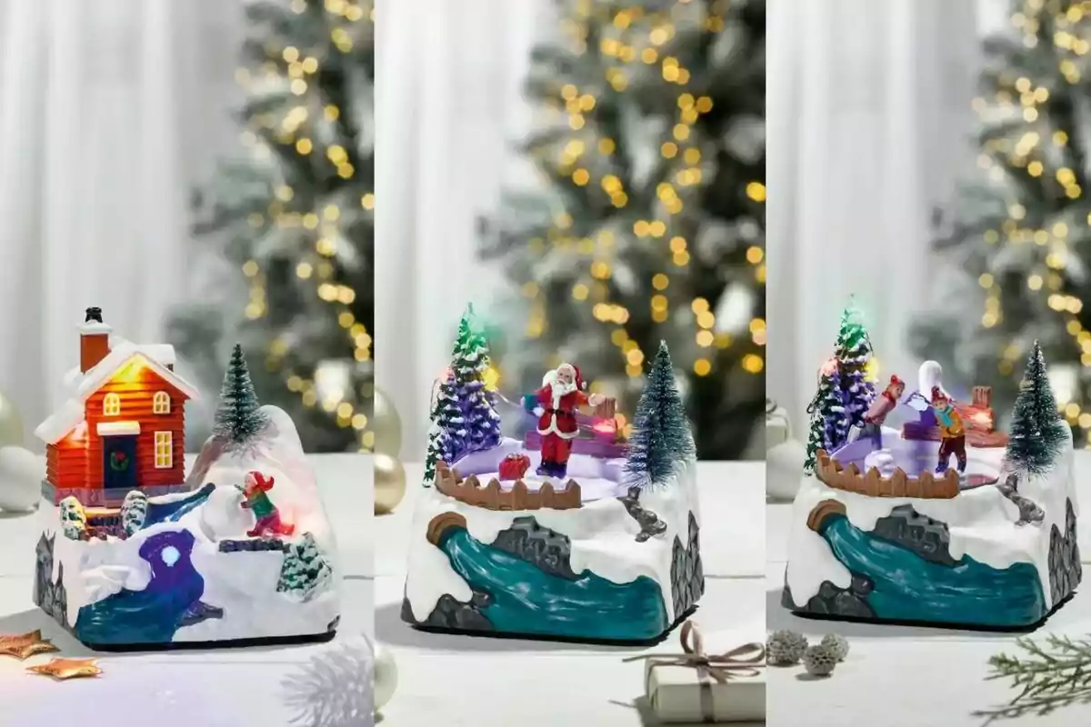 Una decoración navideña con una casa iluminada, un Papá Noel rodeado de regalos y árboles de Navidad, y una escena de patinaje sobre hielo en un paisaje nevado. Una decoración navideña con una casa iluminada, un Papá Noel rodeado de regalos y árboles de Navidad, y una escena de patinaje sobre hielo en un paisaje nevado.