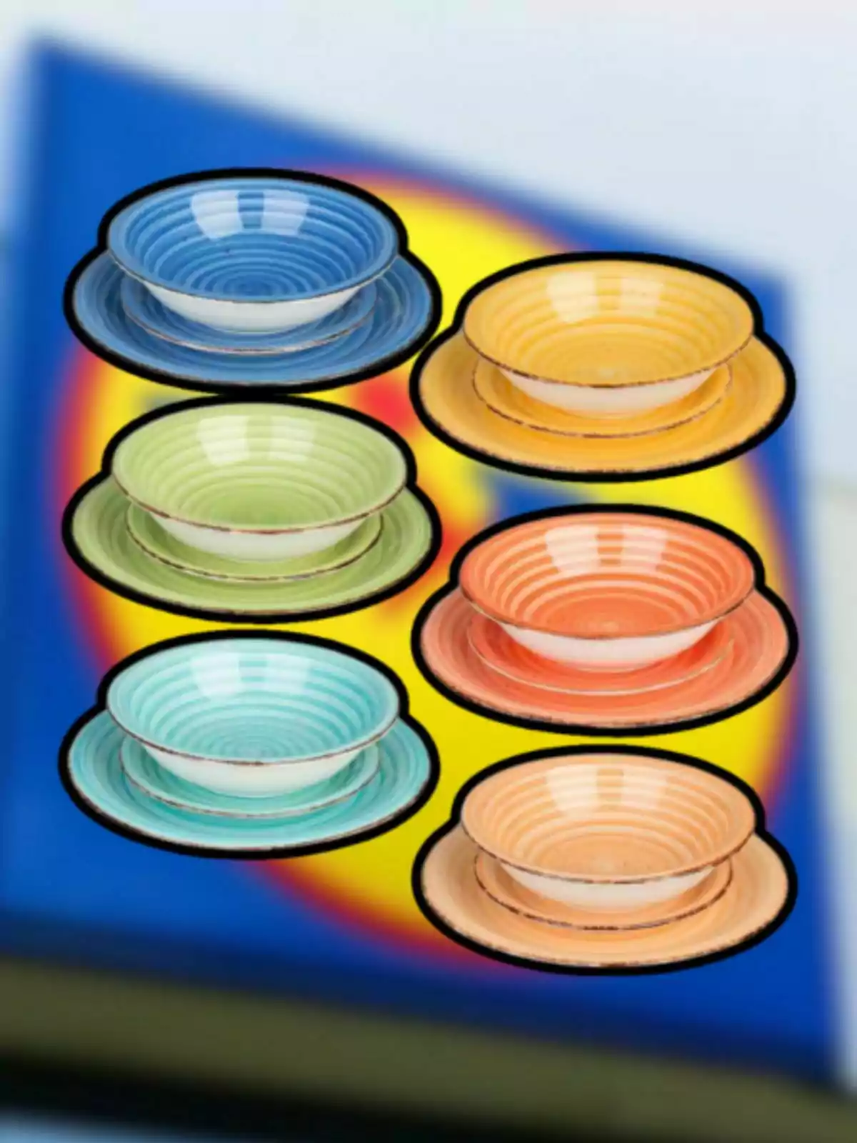 Conjunto de platos y tazones de cerámica en varios colores sobre un fondo desenfocado. Conjunto de platos y tazones de cerámica en varios colores sobre un fondo desenfocado.